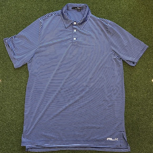 Mens Ralph Lauren RLX Golf Polo Size XL Navy and Light Blue Striped - Picture 2 of 4